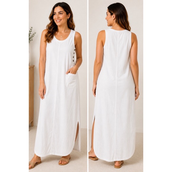 Crossroads Dresses & Skirts - Crossroads Womens Large White Cotton Lyocell Sleeveless Side Button Maxi Dress
